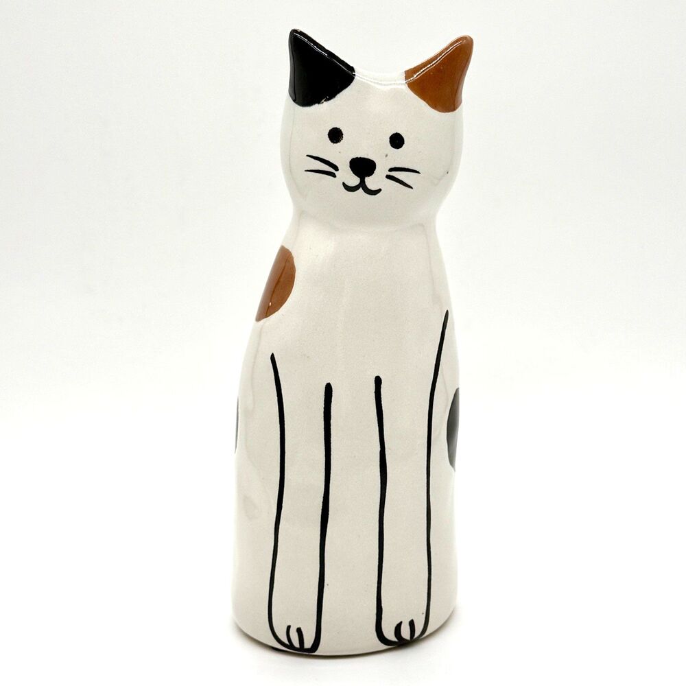 WORLD MARKET Hand Painted Ceramic White Calico Cat Vase 9” x  3.5” Cat Lady READ